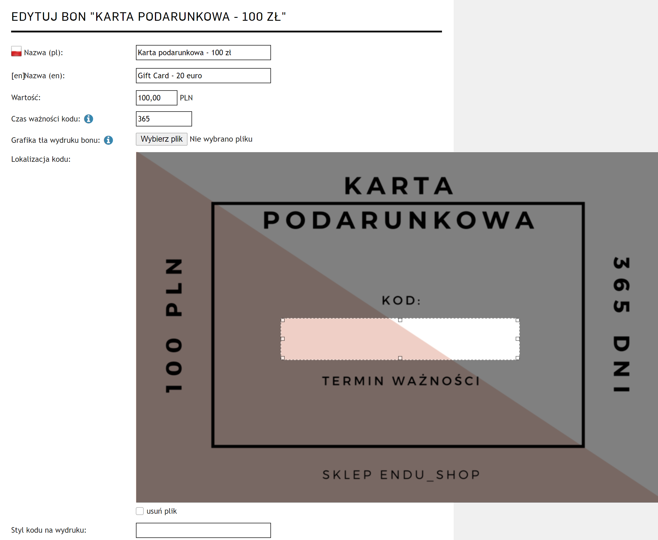 karta podarunkowa w sklepie internetowym generowanie karty w systemie AtomStore